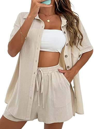 APAFES Women Summer Cotton Linen Short Sets 2 Piece Shorts Top Lo...