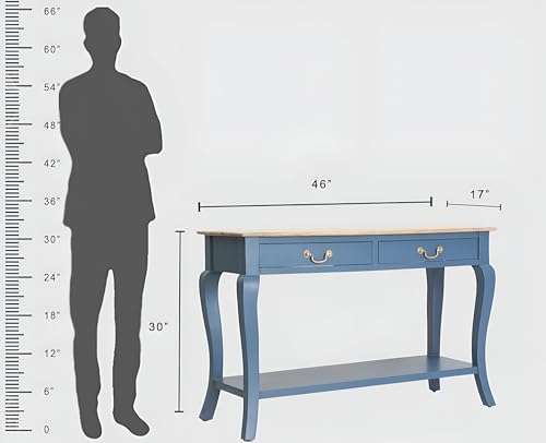 Image of Wooden Console Table with 2 Drawers, Natural Wood Top, Curved Legs, Entryway Sofa Table, Sheesham Wood Study Table with Shelf Storage, 46Lx17Wx30H Inches. (Denim Blue)
