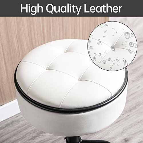 Round Storage Bar Stool, White Faux Leather Height Adjustable Barstool, 360°Counter Height Swivel Stool, Armless Bar Chair With Metal Frame For Kitchen Counter Dining Living Room #TOP4