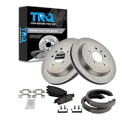 Image of TRQ Rear Brake Pad and Rotor Set Ceramic Parking Brake Shoe Compatible with Code JE5 JL9 2005-2008 Cadillac STS
