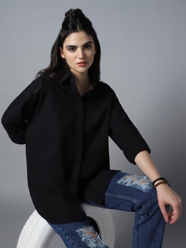 Image of High Star Relaxed Oversized Spread Collar Long Sleeve Cotton Longline Casual Shirt