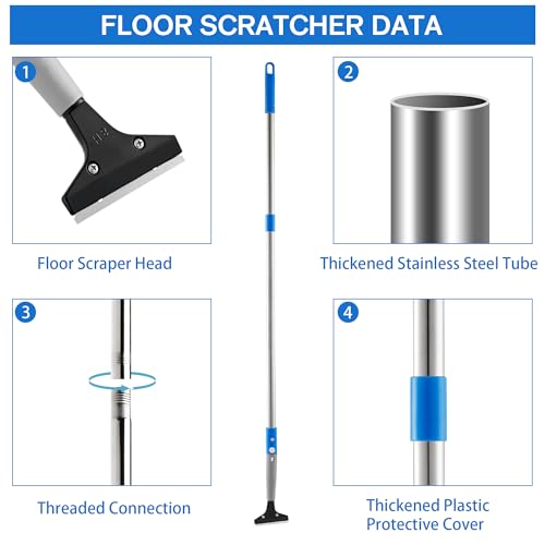 Floor Scraper, 4-inch Razor Blade with 10PCS Extra Metal Blades, Stainless Steel Material Long Handle Switchable 37.8\"/52\"/66\" Sizes, Scraper Tool for Cleaning Stove Top, Glass, Tiles, Wall, Labels