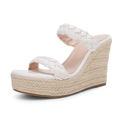 Image of Coutgo Womens Wedge Platform Sandals Espadrilles Two Strap Woven Slip On Summer Cute Slide Sandals