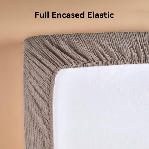 Image of TILLYOU Muslin Mini Crib Sheets 2 Pack, Pack and Play Mattress Sheets Fitted for Pack N Play, 38 x 26 Sheet for Toddler, Grey Brown and Light Brown