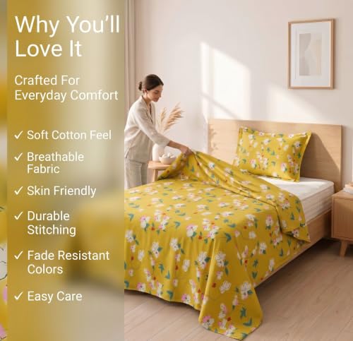 Image of BSB HOME 210 TC Cotton Feel Single Bedsheet with 1 Pillow Cover, Soft & Breathable Floral Printed Bed Sheet, Fade Resistant, Bedding for Home & Bedroom, 60 x 90 Inches (152 x 229 cm) (Spiced Amber)