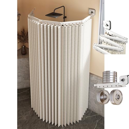 Juego De Barra De Ducha Y Cortina Plegables, Barra Ducha Esquinera Para Pared, Cortina Ducha Resistente Al Agua, Fijación Con Ventosa Para Ahorrar Espacio, Para Bañeras Y Tiendas Ropa(White,3 Fold)