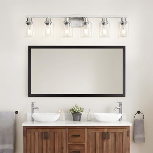 Image of Bathroom Vanity Light, 6-Light Nickel Modern Matte Wall Sconce Lighting with Clear Glass Shade, Wall Lights,Bath Vintage Wall Mounted Lamps for Mirror Bedroom Living Room