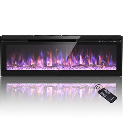 LITSDFM 60 Inch Electric Fireplace, Recessed and Wall Mounted Ultrathin Fireplace, Fireplace Heater and Linear Fireplace, with Timer, Remote Control, Adjustable Flame Color, 750/1500W