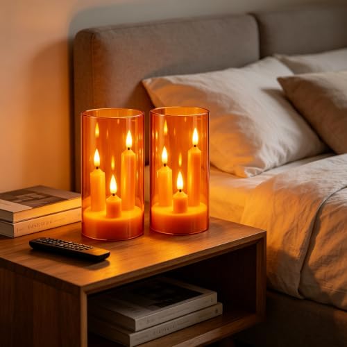 Image of Da by 2 Pack 3D Wick Flameless Taper Candles, Orange Transparent Acrylic Cover, Remote Control Flickering LED Electric Candles, Battery Operated for Halloween Thanksgiving Christmas Home Decor.