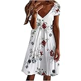 AMhomely Summer Dresses for Women UK Clearance Party Elegant Casual V-Neck Solid Color Loose Elastic Short Sleeve Dress Skirt Ladies Maxi Dresses Plus Size Petite Sexy Dress UK Size