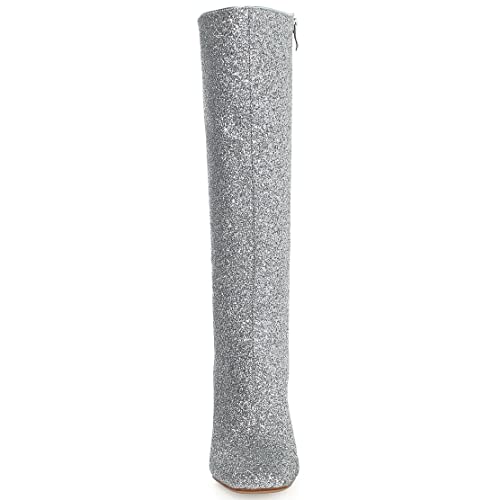 KISSASA Silver Glitter Sparkly Knee High Gogo Boots Sequin Chunky Heeled Boots with Zip Up4
