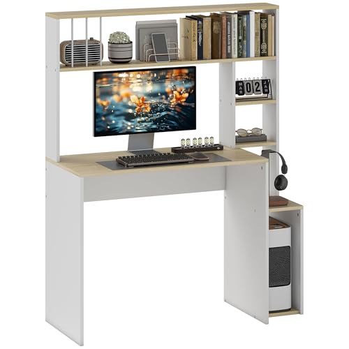 HOMCOM - HOMCOM Bureau d'ordinateur Bureau avec Rangement 113 x 45 x 138,5 cm - étagères de Rangement, Compartiments et Support CPU, chêne et Blanc