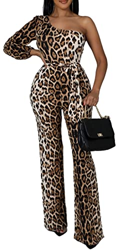 Visichenup VC10808 Sexy Jumpsuits For Women Leopard One Shoulder Long Sleeve Outfits Straight Long Pants Rompers Clubwear cover