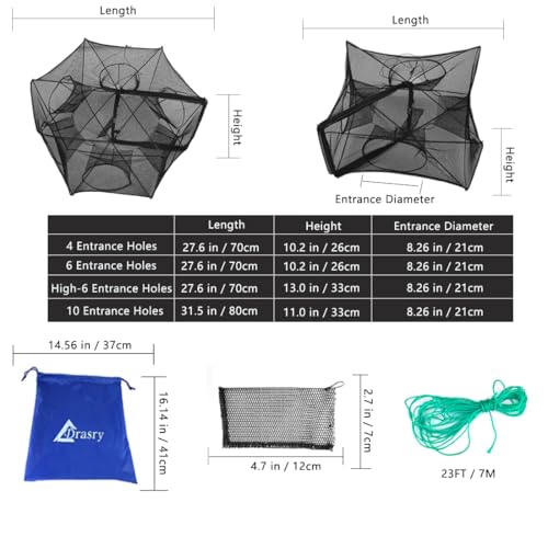 Drasry Black Fishing Bait Trap Foldable Fish Net for Minnow Crab Crayfish Crawdad Shrimp Trap Cast Net Dip Cage Collapsible Easy Use 4 6 Hole Fishing Accessories (10 Holes Black)
