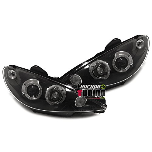EUROPETUNING - 12326 - PHARES FEUX AVANTS TUNING SPORT NOIRS ANNEAUX LED ANGEL EYES COMPATIBLE PEUGEOT 206 2002-2009 en H7/H7