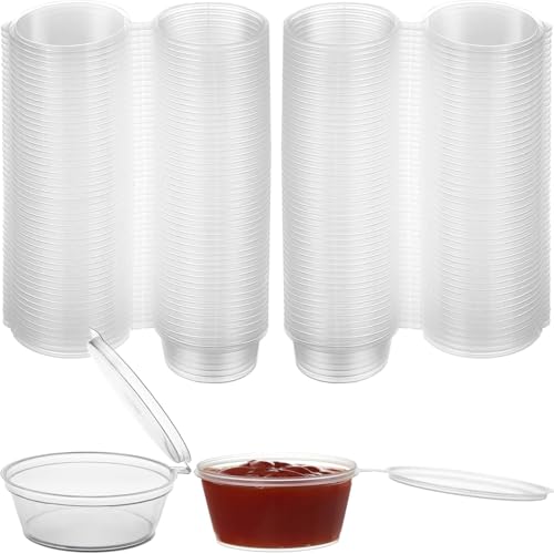 [100 PACK - 2 oz] Round Food Container Pots with Lids, Sauce Pots Reusable Jelly Shot Cups Clear Small Deli Pot Restaurants Takeaways Containers for Small Dips Chutney Ketchup Salads-50ml