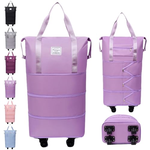 Beente Travel Bag with Wheels, Large Capacity Travel Bag, Waterproof ＆ Thickened Three-Layer Silent Disassembly Wheel (Light Purple)