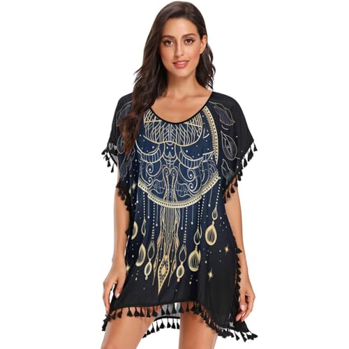 Space Art Starry Jellyfish Women's Beach Cover Up Chiffon Tassel Swimwear Swimsuit Coverups for Girl