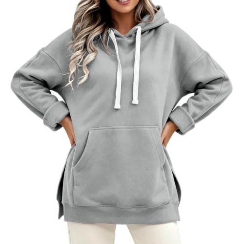Image of Womens Oversized Hoodies Pullover, Womens Long Hooded Sweatshirts Grey