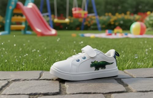 Image of Myau Kids Classic White Sneakers with Dinosaur Detail, Hook and Loop Straps, Casual Style, for 1-5 Years