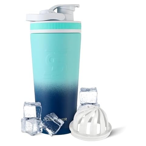 Ice Shaker Insulated Stainless Steel Shaker Bottle | 26oz, Navy/Mint | Cold for 30+ Hours | Insulated Cup with Twist-on Agitator | Odor-Free Shaker Cup for Protein Shakes, Water, Smoothies, Cocktails Cover