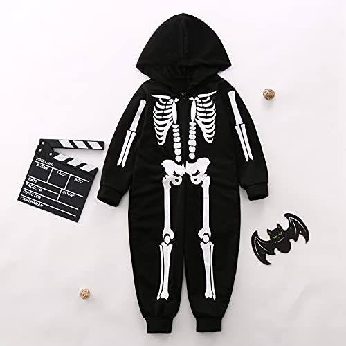 Family Matching Halloween Skeleton Pajamas Set 2022 Funny Skeleton Family Hooded Romper Unisex Jumpsuit Loungewear(Black,3 Years) #TOP3