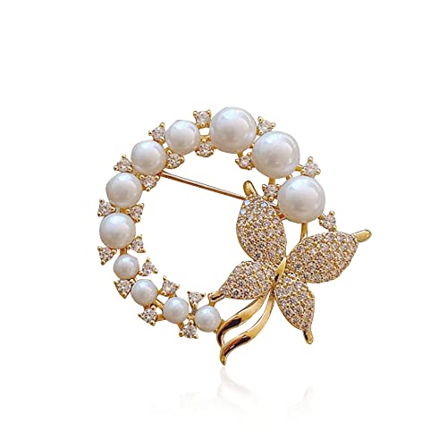 Image of GBAHFY Butterfly Pearl Brooch Gold Elegant Bridal Vintage Style Pins Wedding Banquet Anniversary Brooch for Women