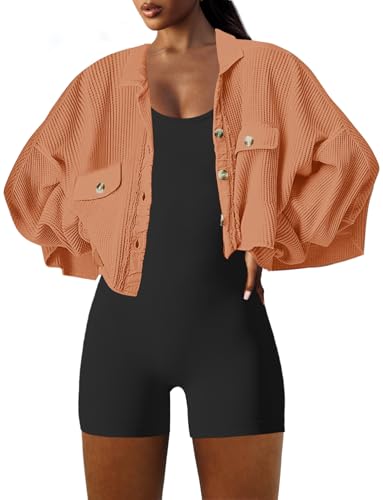 Image of Panadila Women's Cropped Waffle Knit Shacket Short Button Down Jacket Batwing Sleeve Shirts with Pocket