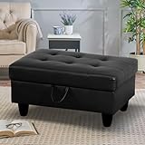 SumKea Large Rectangular Storage Ottoman Bench, Leather Ottoman Foot Rest Coffee Table with Storage, Oversized Storage Ottomans Toy Box Footrest for Living Room or Bedroom, Black