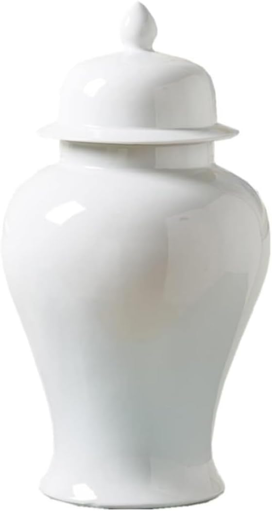 Large Ceramic Ginger Jar Vase with Lid for Flowers Traditional White Porcelain Temple Jar Decorative Vase for Home Decor (21.5 * 40cm)