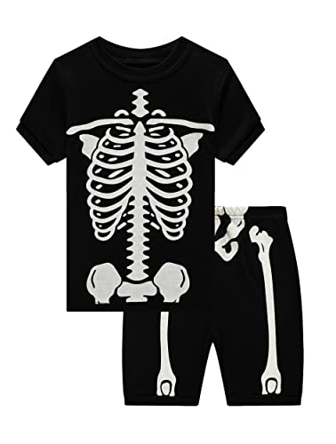 Family Feeling Big Boys girls Pajamas Glow in the dark skeleton Halloween Short sleeve Cotton summer jammies Kid Pjs Size 10