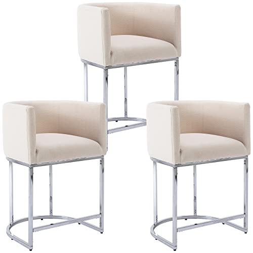 Wahson Set Of 3 Linen Upholstered Bar Height Stools, 24'' H Mid Century Modern Fabric Bucket Counter Height Stools, With Chrome Metal Frame, Cream #TOP9