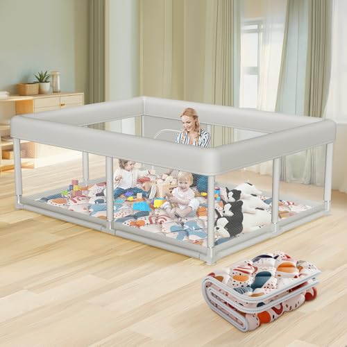 Hiaksedt 65 x 50 Inch Baby Playpen with Mat, PlayPen for Babies and Toddlers, Sturdy Safety Play Yard for Indoor & Outdoor with Zipper Gates, Anti-Fall