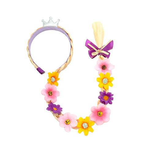 Rabtero Girls Halloween Costume Wig, Rapunzel Hair for Toddler Girls, Tangled Wig Braid Headband with Tiara and Colorful Flowers, Princess Dress Up Wig for Birthday