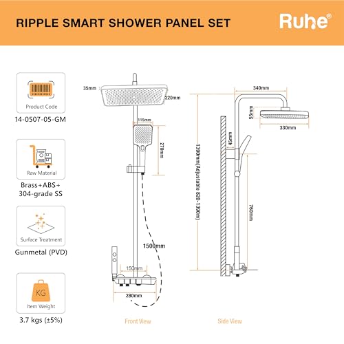 Image of Ruhe Ripple Smart Shower Panel Set, 4-in-1 Multi Flow Functions, Piano Button Shower Panel System, Includes Overhead Shower, 3-Flow Hand Shower and Dual Mode Water Spray Health Faucet