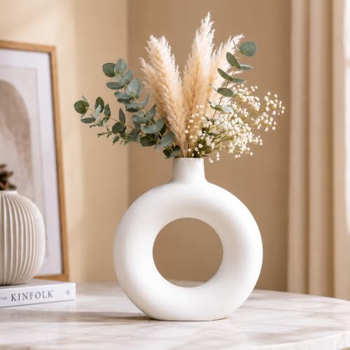 Best Decorative Vases: Glass vs Ceramic 17 Floryn Decor White Ceramic Donut Vase (6 Inch) | Modern Hollow De...