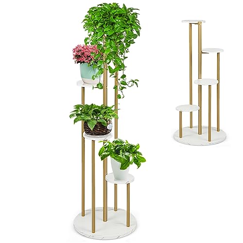 HOMASIS Soporte para plantas de metal de 4 niveles, Soporte para flores de interior con 4 bandejas, Jardinera en forma de escalera, Expositor para salón, balcón, 40 x 122,5 cm (Oro y Blanco)