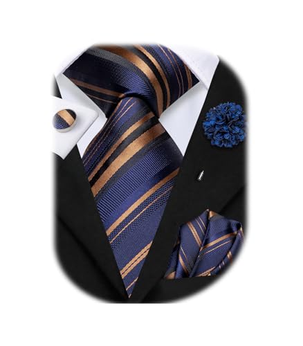 Image of Hi-Tie Men Silk Ties Set with Flower Lapel Pin Necktie Pocket Square Cufflinks for Tuxedo Wedding Business