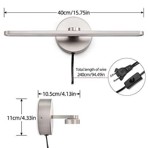 Mantolite Led Vanity Lighting Fixtures, 16 Inch Wall Mounted Plug In Light Fixtures Bathroom Over Mirror Lamp Modern Home Bedside Wall Picture Lamps Sconces, 12W 3000K Nickel Make-Up Mirror Front Lamp #TOP3