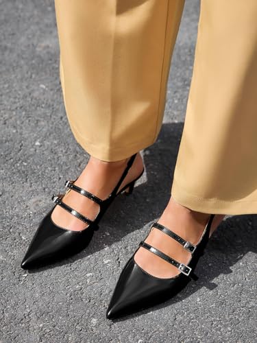 Image of Coutgo Womens Slingback Kitten Heels Mary Jane Pumps Closed Pointed Toe Buckle Strap Wedding Dress Shoes
