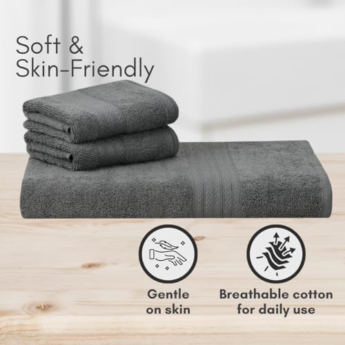 Image of Mafatlal Joy Cotton Bath Towel Set - 1 Large Towel + 2 Hand Towels | 58 x 29 inch + 24 x 12 inch | Soft & Highly Absorbent | 450 GSM | Titaan | Perfect for Men & Women