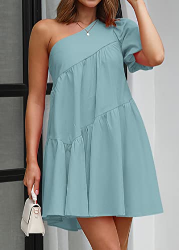 Image of KIRUNDO Summer One Shoulder Mini Baby Doll Dresses Women 2026 Casual Puff Sleeve Loose Tiered A Line Flowy Short Dress
