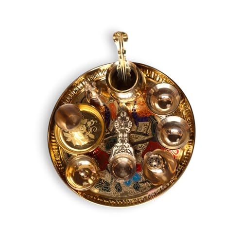 Image of Brass 9 Inch Minakari Pooja Thali Set With 10 Items Including Ghanti, Kalash, Udarni, Kuber Diya, Agarbati Stand, 2 Kumkum Bowls, Kapoor Aarti, 1 Glass and 1 Prasadam Plate | Weight : 670 Grams