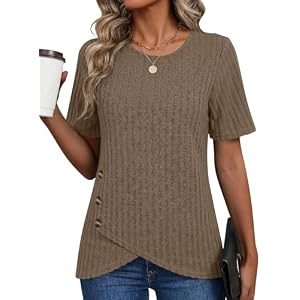 AKEWEI Womens Tops Short Sleeve Shirts Crew Neck Tunic with Buttons Spring Summer Outfits for Women Trendy 2026