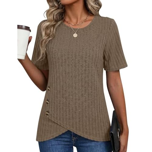 AKEWEI Womens Tops Short Sleeve Shirts Crew Neck Tunic with Buttons Spring Summer Outfits for Women Trendy 2026 Coffee XX-Large
