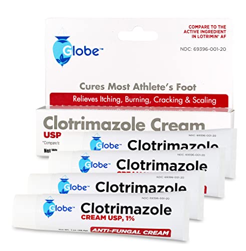 Globe (4 Pack) Clotrimazole Antifungal Cream 1% (1 Oz) Relieves The Itching, Burning, Cracking And Scaling Associated With Fungal Infections, Compare To The Name Brand Active Ingredient #TOP4