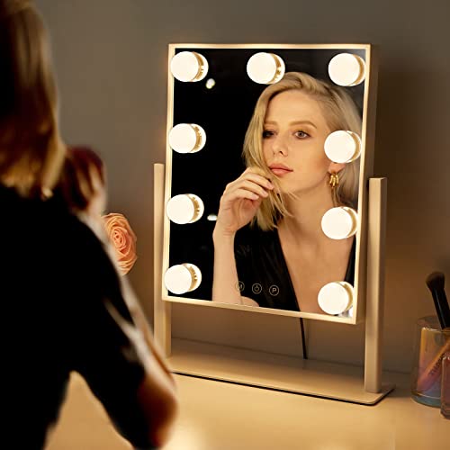 Hompoem Vanity Mirror With Lights,9 Led Bulbs Hollywood Vanity Mirror With Lights,Touch Control Design 3 Colors Dimable,Detachable 10X Magnification Mirror Lighted Vanity Mirror(White) #TOP4