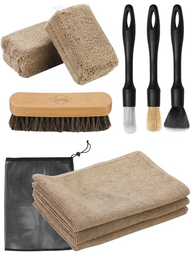 Fantasticlean 9 Pz Kit Pulizia Auto Interni, Spazzola di Crine Naturale, Pennelli Detailing, Panni in Microfibra e Spugna per Sedili, Pelle e Dettaglio Interni