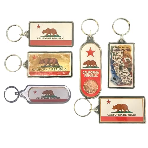 SNCO California Republic Bear Flag 6 Pack Keychain Set Souvenir Keychains with Golden State Map & Flag Art for Gifts, Travel Keepsakes