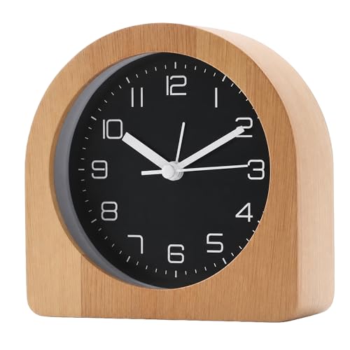 bakbrand Analog Alarm Clock 5 Silent Non Ticking Small Solid Wood Desk Clocks Battery Operated